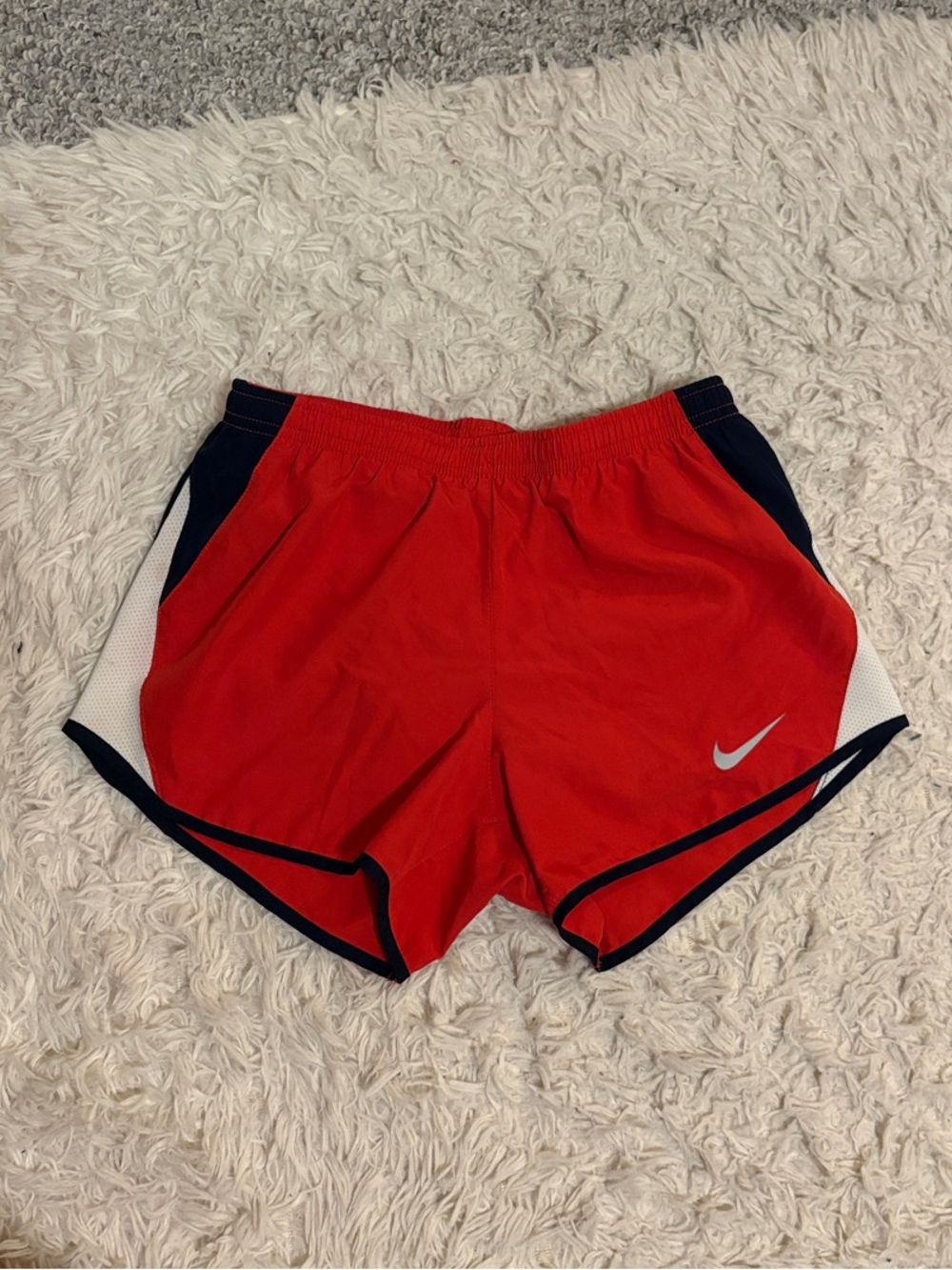 Nike Women's Red Athletic Shorts with Navy Trim & White Panels